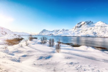 Moskenesoya ve Flakstadoya adalarını ayıran Sundstraumen Boğazı 'nın olağanüstü kış manzarası. Konum: Flakstadoya Adası Lofoten; Norveç, Avrupa