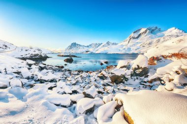 Moskenesoya ve Flakstadoya adalarını birbirinden ayıran Sundstraumen boğazının şaşırtıcı kış manzarası. Kayalık kıyı şeridi çatlamış buzla kaplı. Konum: Flakstadoya Adası Lofoten; Norveç, Avrupa