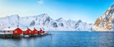 Hamnoy köyü yakınlarındaki Reinefjorden kıyısında geleneksel Norveç kırmızı ahşap evleri (rorbuer). Konum: Hamnoy, Lofoten; Norveç, Avrupa