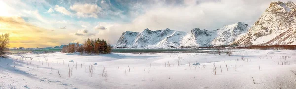 Panoramisch Winterlandschap Met Bevroren Fjord Vestvagoy Eiland Bij Zonsondergang Met — Stockfoto