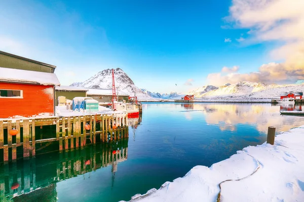 Astonishing Winter Sunrise Ramberg Village Port Moored Fishing Ships Port — Stock Photo, Image