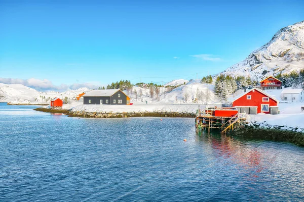 Traditional Norwegian Red Wooden Houses Shore Sundstraumen Strait Separates Moskenesoya — Stock Photo, Image