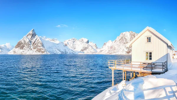 Toppoya Adasında Reinefjorden Sahilindeki Geleneksel Norveç Ahşap Evleri Arka Planda — Stok fotoğraf