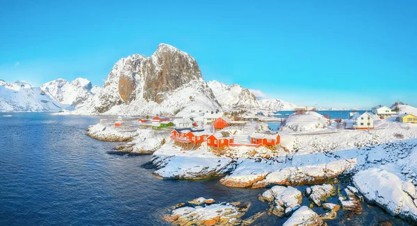 Vista Inverno Deslumbrante Aldeia Hamnoy Montanha Festhaeltinden Fundo Destino Turístico — Fotografia de Stock