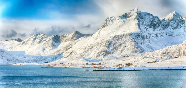 Fabulosa Vista Inverno Selfjordenn Durante Dia Ensolarado Krystad Village Destinos — Fotografia de Stock