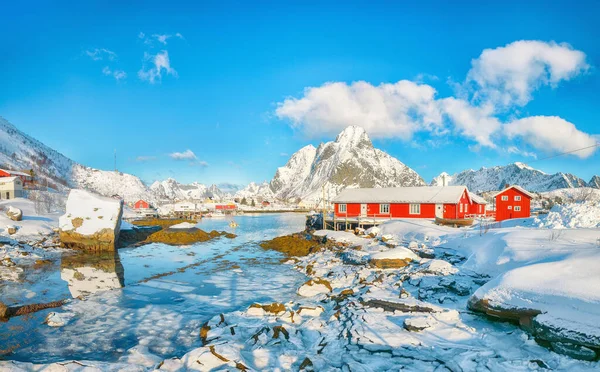 Reine Köyü ve Gravdalbukta Körfezi 'nde kırık buzla nefes kesici kış manzarası. Arka planda karlı dağ zirveleri. Konum: Reine, Lofoten; Norveç, Avrupa
