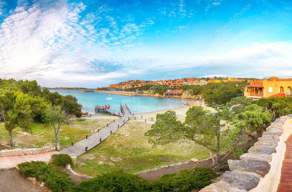 Astonishing view of Porto Cervo at sunset. Popular tourist destination of Mediterranean sea. Location: Arzachena, Province of Sassari, Sardinia, Italy, Europe