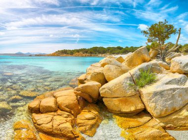 Capriccioli sahilinin şaşırtıcı manzarası. Akdeniz 'in popüler turizm beldesi. Konum: Arzachena, Sassari ili, Sardunya, İtalya, Avrupa