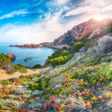 Popüler seyahat merkezi Costa Paradiso 'nun muhteşem manzarası. Akdeniz 'in pitoresk manzarası. Konum: Costa Paradiso, Sassari ili, Sardunya, İtalya, Avrupa