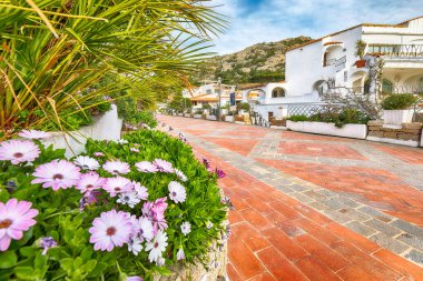 Costa Smeralda 'daki Poltu Quatu kasabasının muhteşem manzarası. Akdeniz 'in popüler seyahat noktası. Konum: Poltu Quatu, Sassari ili, Sardunya, İtalya, Avrupa