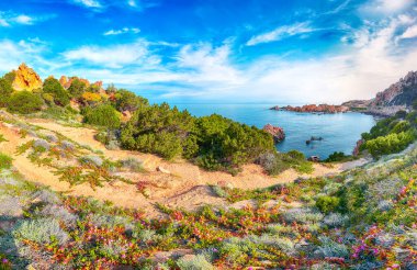 Popüler seyahat merkezi Costa Paradiso 'nun muhteşem manzarası. Akdeniz 'in pitoresk manzarası. Konum: Costa Paradiso, Sassari ili, Sardunya, İtalya, Avrupa