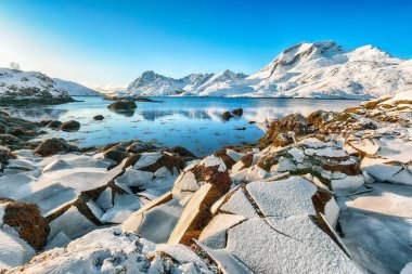 Güneşli bir günde Sundstraumen Boğazı 'nda harika bir kış manzarası. Kırık buzlu Rocky kıyı şeridi. Konum: Flakstadoya Adası, Lofoten, Norveç, Avrupa