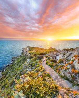 Doğa koruma alanındaki Milazzo Burnu 'nun olağanüstü bahar manzarası. Konum: Milazzo Burnu, Tyrhenian Denizi, Sicilya Adası, İtalya, Avrupa