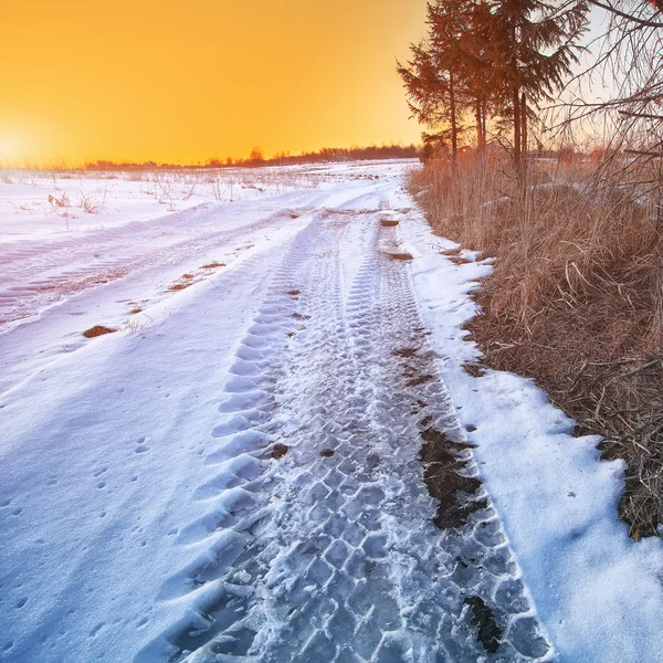 Traces of the car wheels on a snowy road — Stock Photo, Image