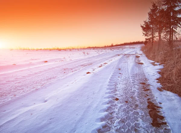 Traços das rodas do carro em uma estrada nevada — Fotografia de Stock