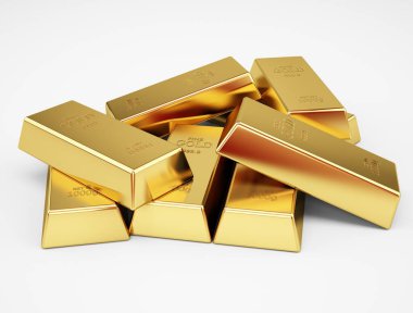 İş ve finans alanında başarı kavramı beyaz arka planda izole edilmiş altın külçeleri yığını. 3d oluşturma