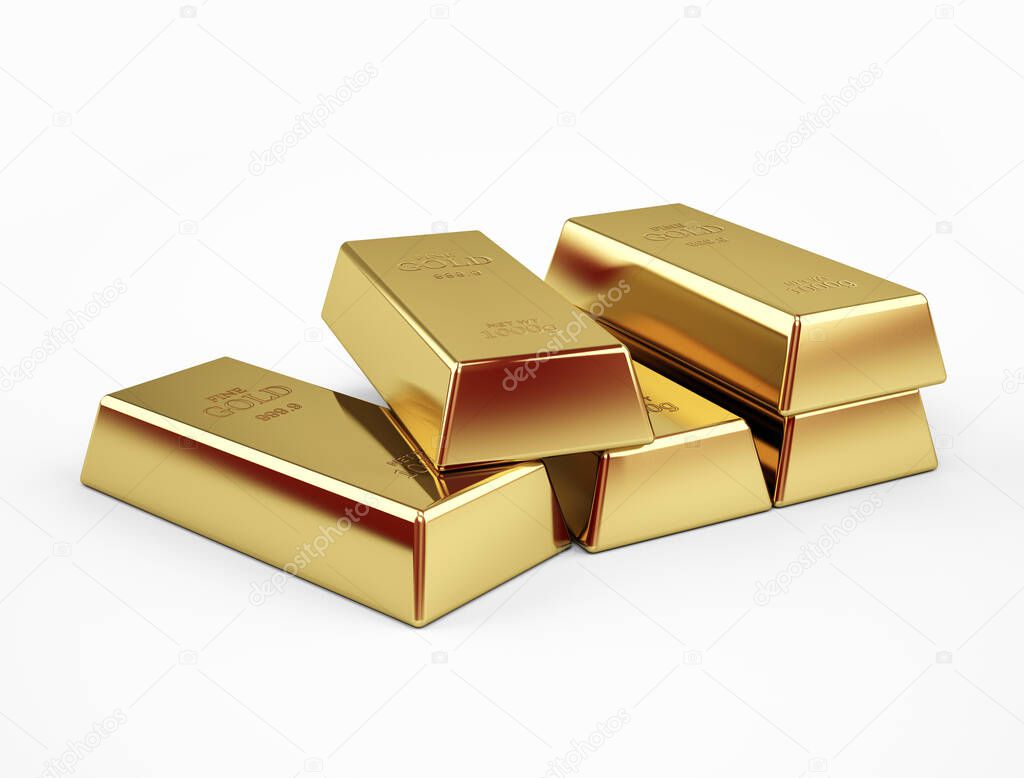 Stack of gold bars concept of success in business and finance, isolated on a white background. 3d rendering