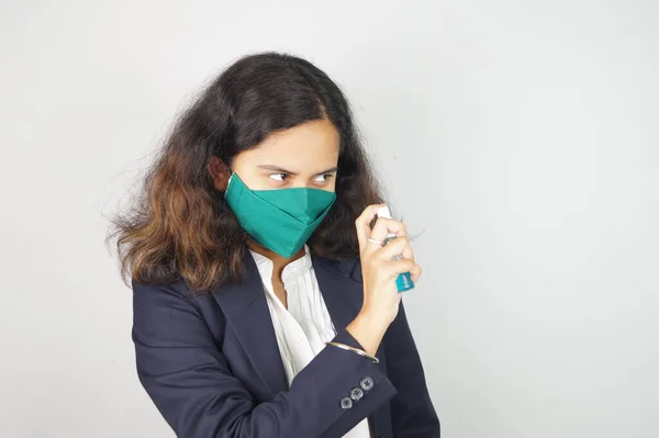 Meisje Dragen Masker Office Corona Krijgers Gezichtsmasker Met Behulp Van — Stockfoto