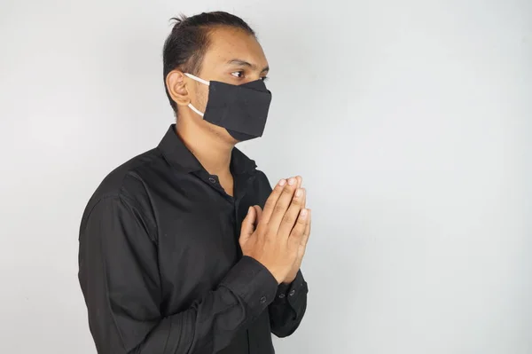 Jonge Man Met Masker Gezichtsmasker Corona Krijgers Met Behulp Van — Stockfoto