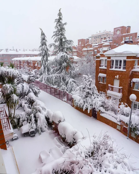 由于西班牙马德里的菲洛梅娜暴风雪 街道和建筑物被白雪覆盖 欧元P — 图库照片