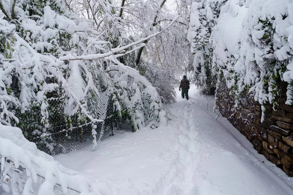 由于西班牙马德里的菲洛梅娜暴风雪 街道和建筑物被白雪覆盖 人们在雪地里散步 — 图库照片