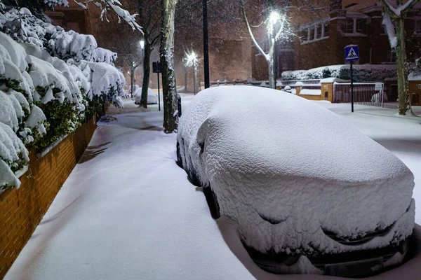 Cars Streets Covered Snow Night Image Filomena Storm Fall Madrid — Stock Photo, Image