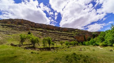 Ağaçlarla, tepelerle, mavi gökyüzüyle, beyaz bulutlarla, güneşli atmosferiyle yeşil bahar manzarası. Segovia, Castilla Leon,