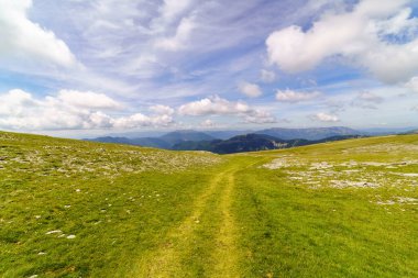 Yeşil çayırlar, çiçekler ve büyük beyaz bulutlu mavi gökyüzü olan dağ sıraları. Rahatlatıcı ve huzurlu doğa sahnesi. İspanyol Pireneleri. Ordesa. Avrupa