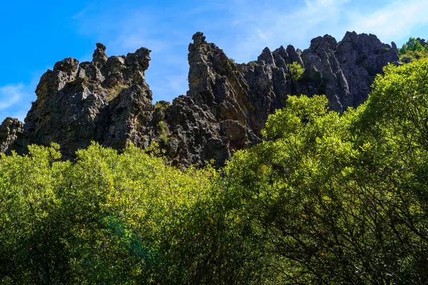 Paesaggio Montano Con Alte Formazioni Rocciose Equilibrio Alberi Strada Montagna — Foto Stock