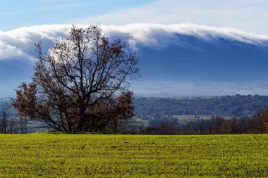 Manzara bulutları ve kalın sis kışın dağdan yeryüzüne doğru iniyor. Somosierra, İspanya