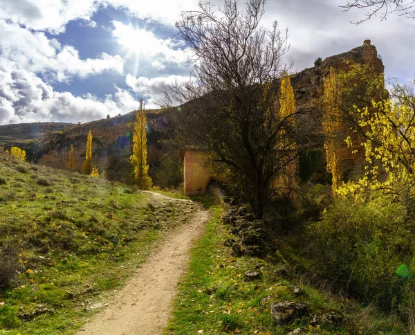 Paesaggio Autunnale Con Alta Falesia Collinare Foglie Terra Alberi Segovia — Foto Stock