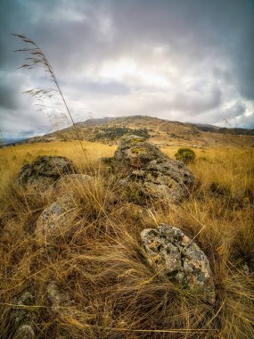 Kış manzarası, sis ve kara bulutlar, dağın zirvesine giden yol, yeşil bitkiler ve karanlık gizemli atmosfer. İspanya.