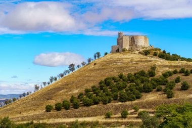 Guadalajara 'daki Jadraque kalesi, duvarları ve zor erişimi olan dik bir tepenin tepesinde, savunma kalesi, yukarıdan muhteşem bir manzara. İspanya.