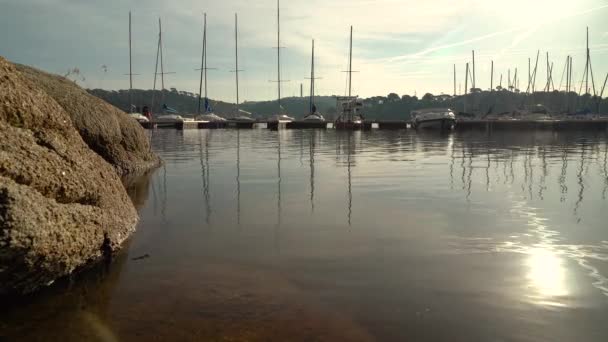日落时湖上的风景 码头上有帆船 水面上也有倒影 Pantano San Juan 马德里 — 图库视频影像
