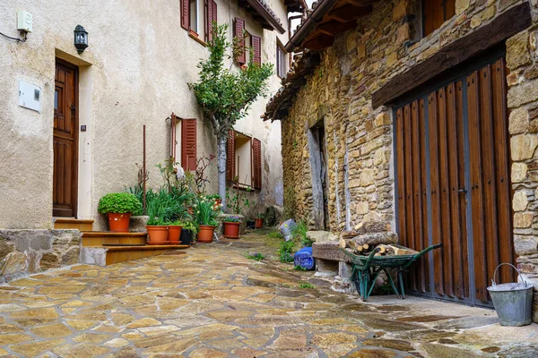 Small corner in an alley of an old town with flowerpots, flowers and wheelbarrow. Madrid.