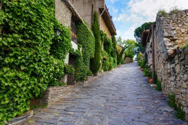 Old medieval village houses with steep narrow alley and ivy facades. Patones de Arriba Madrid. spain. clipart