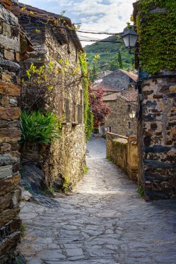 Beautiful alley of stone houses with morning light entering between the buildings. Patones de Arriba Madrid. Spain. clipart