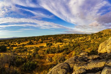 Gün batımında, kayalar ve çalılardan oluşan ormanın üzerinde bulutlu bir manzara..
