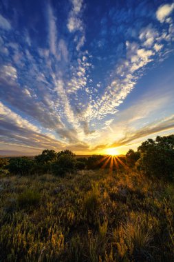 Güneş ışınlarıyla altın gün batımı ve renkli gökyüzünde beyaz bulutlar..