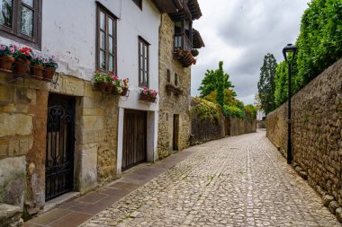 Duvarları yeşillik ve çiçeklerle kaplı eski bir taştan köy sokağı. Santillana del Mar, Cantabria..