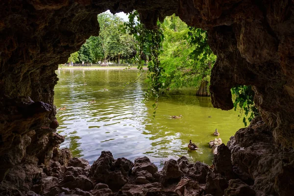 View Lake Ducks Vegetation Rock Cave Retiro Madrid — Stock Photo, Image