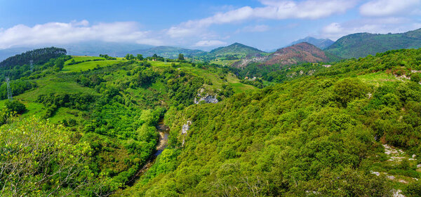 Aerial view of a lush valley of green vegetation and high mountains. Santander.