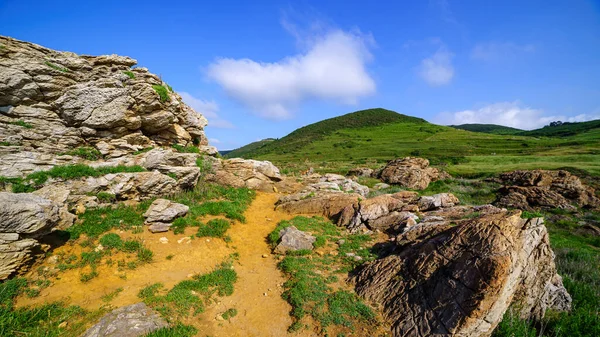 Landschap Van Roodachtig Terrein Aan Zee Met Groen Gras Blauwe — Stockfoto