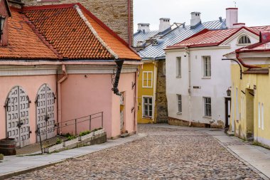 Renkli evleri olan güzel bir sokak. Tallinn.