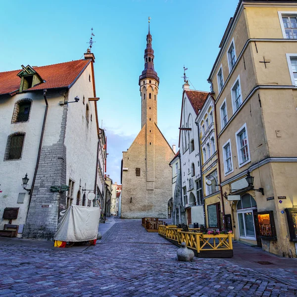 Strade Strette Tallinn Con Municipio Sullo Sfondo Estonia — Foto Stock