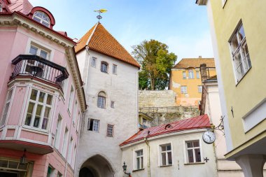 Tallinn Estonya 'nın pitoresk kasabasındaki ortaçağ evleri cepheleri.