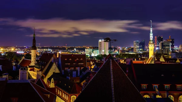 Geceleri Tallinn şehri, binaları alacakaranlıkta aydınlanıyor..