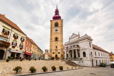 Catholic church tower in the center of the medieval city of Ptuj, Slovenia