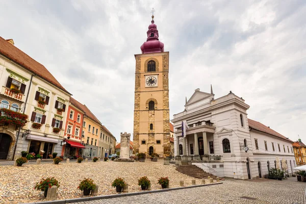 Catholic church tower in the center of the medieval city of Ptuj, Slovenia