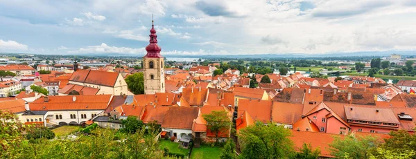 Panoramic view of the city of Ptuj with its red-roofed houses by the Drava River, Slovenia